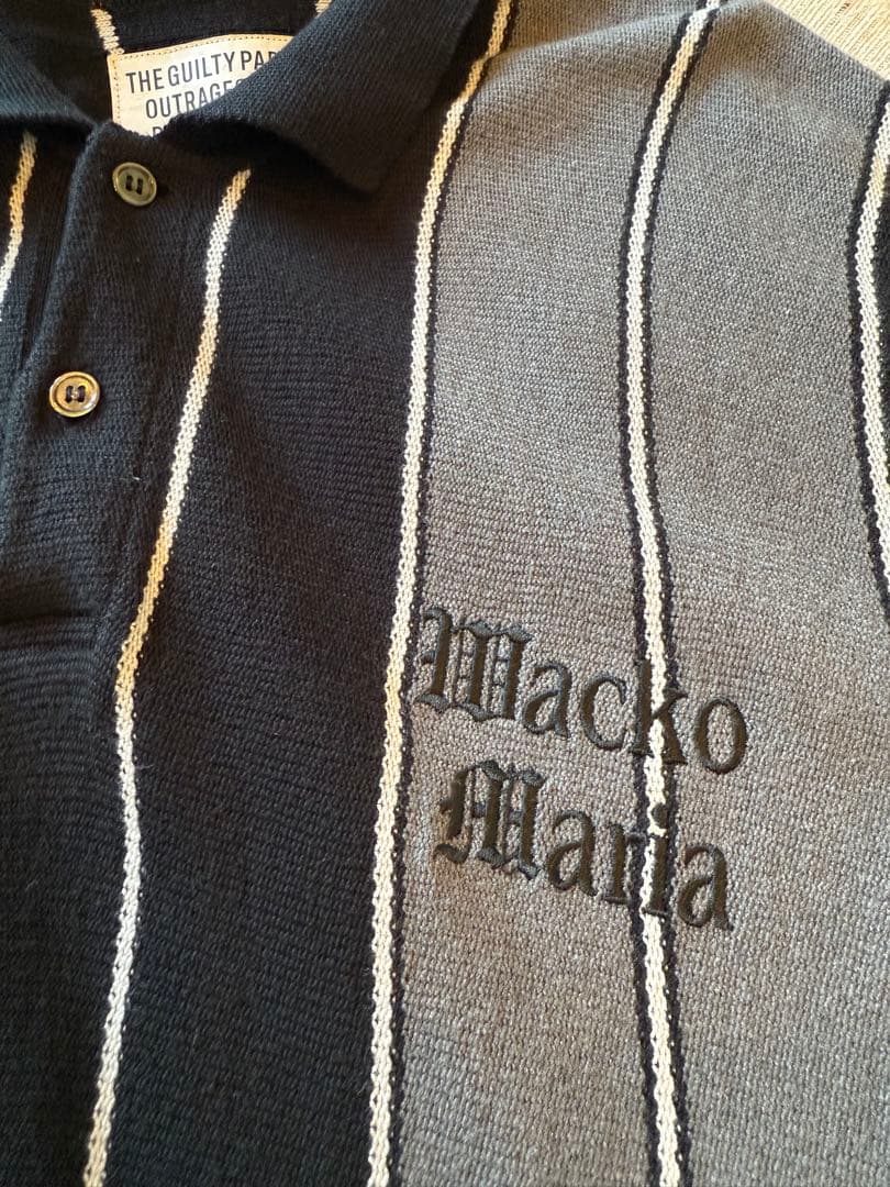 WACKOMARIA ストライプニットポロ　ブラック/グレー