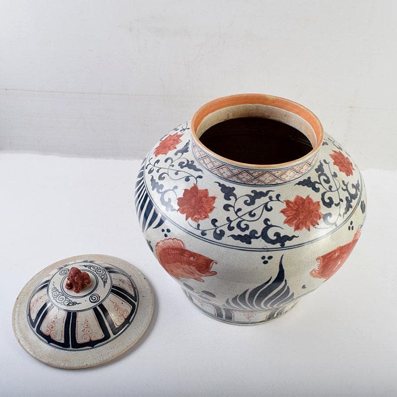 大発中国　辰砂　花弁魚藻文　獅子摘　蓋壺　Ｃ　8939Ａ