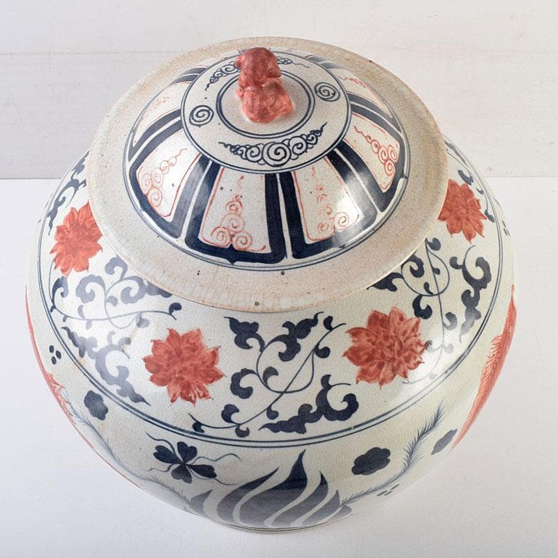 大発中国　辰砂　花弁魚藻文　獅子摘　蓋壺　Ｃ　8939Ａ