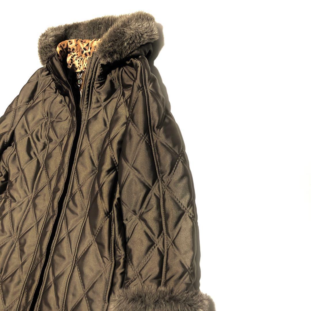 ✨美品✨伊太利屋　ファーフード付　キルティング　ロングコート　レオパード柄