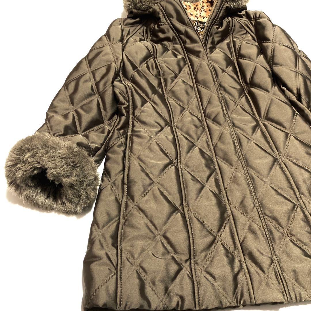 ✨美品✨伊太利屋　ファーフード付　キルティング　ロングコート　レオパード柄