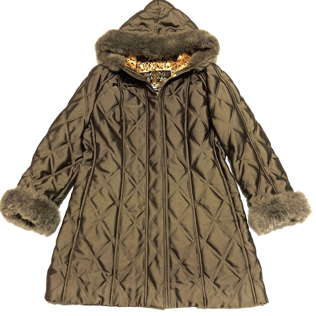 ✨美品✨伊太利屋　ファーフード付　キルティング　ロングコート　レオパード柄