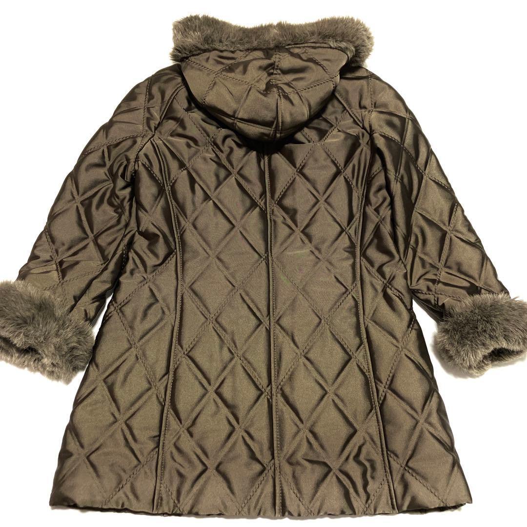 ✨美品✨伊太利屋　ファーフード付　キルティング　ロングコート　レオパード柄