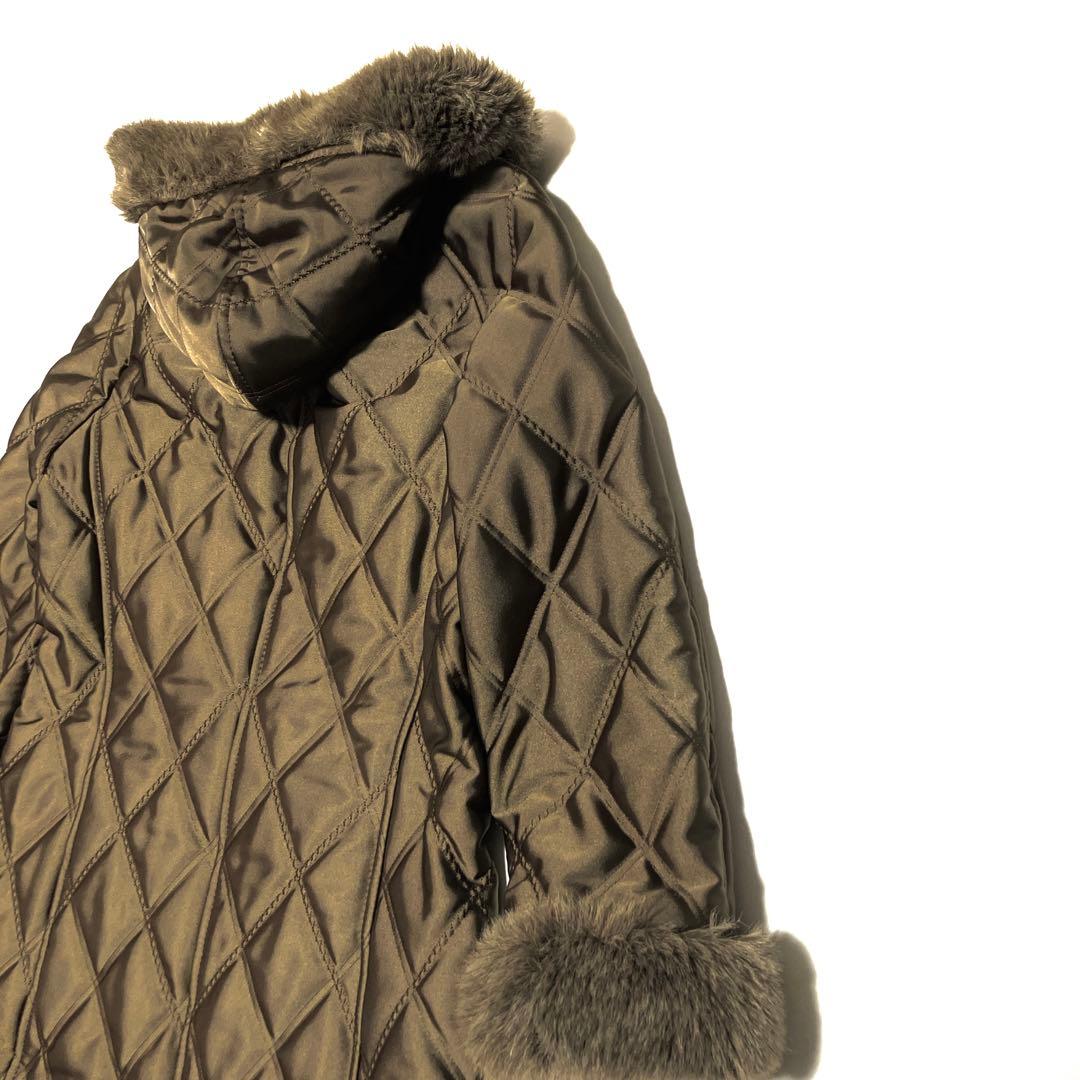 ✨美品✨伊太利屋　ファーフード付　キルティング　ロングコート　レオパード柄