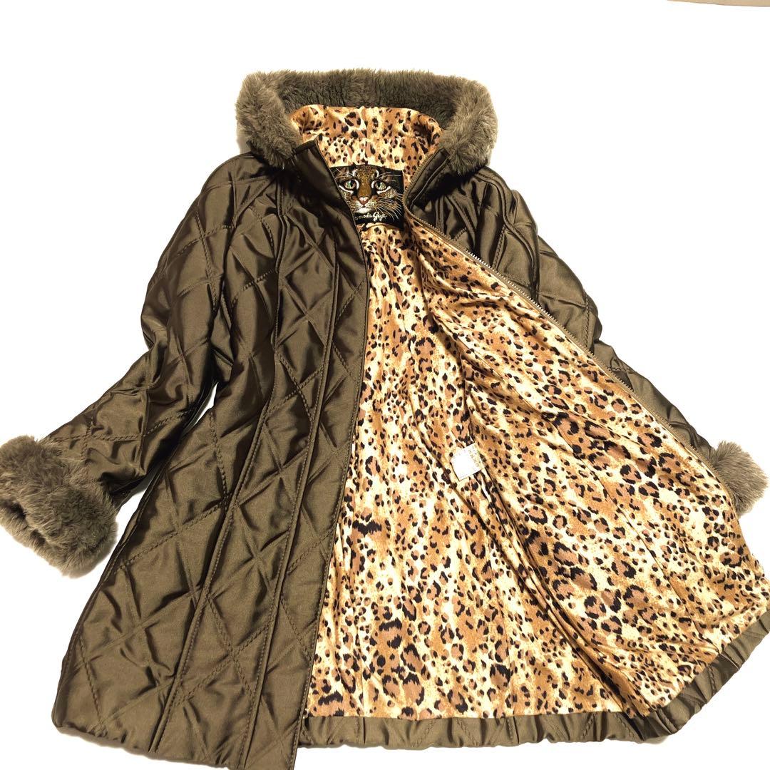 ✨美品✨伊太利屋　ファーフード付　キルティング　ロングコート　レオパード柄