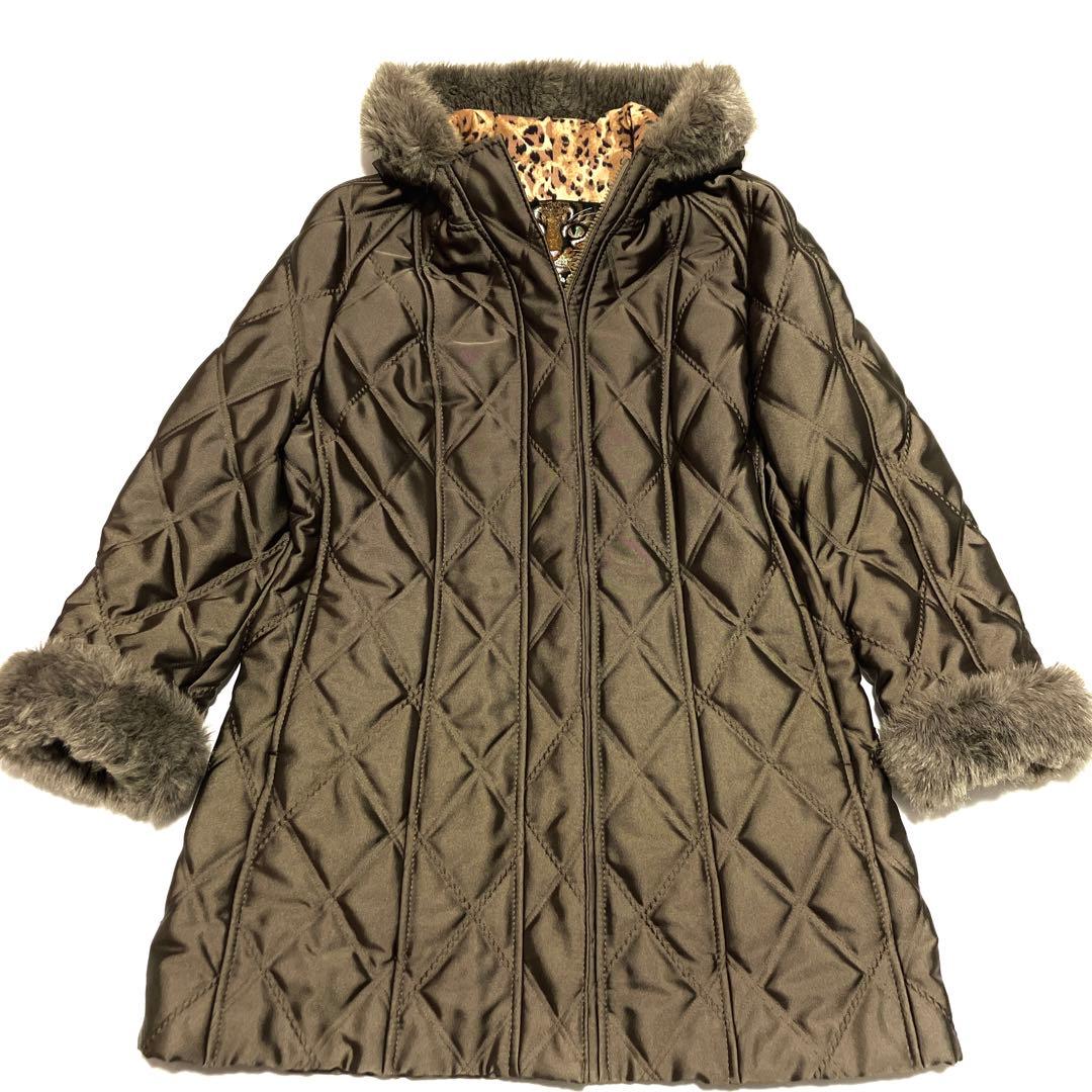 ✨美品✨伊太利屋　ファーフード付　キルティング　ロングコート　レオパード柄