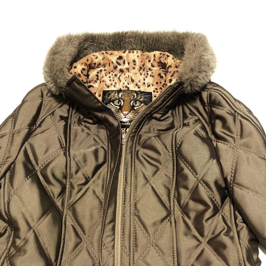 ✨美品✨伊太利屋　ファーフード付　キルティング　ロングコート　レオパード柄