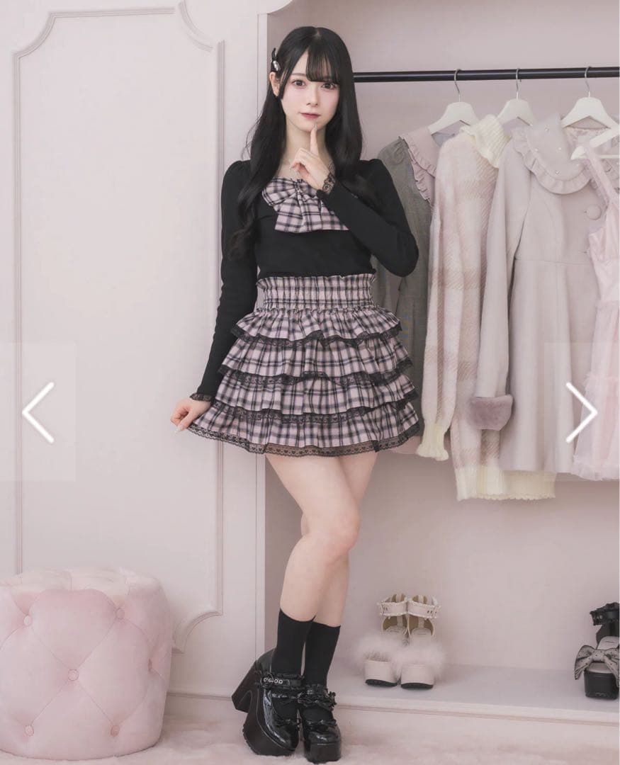 pium チェックリボンカットソー シャーリングティアードチェックスカート