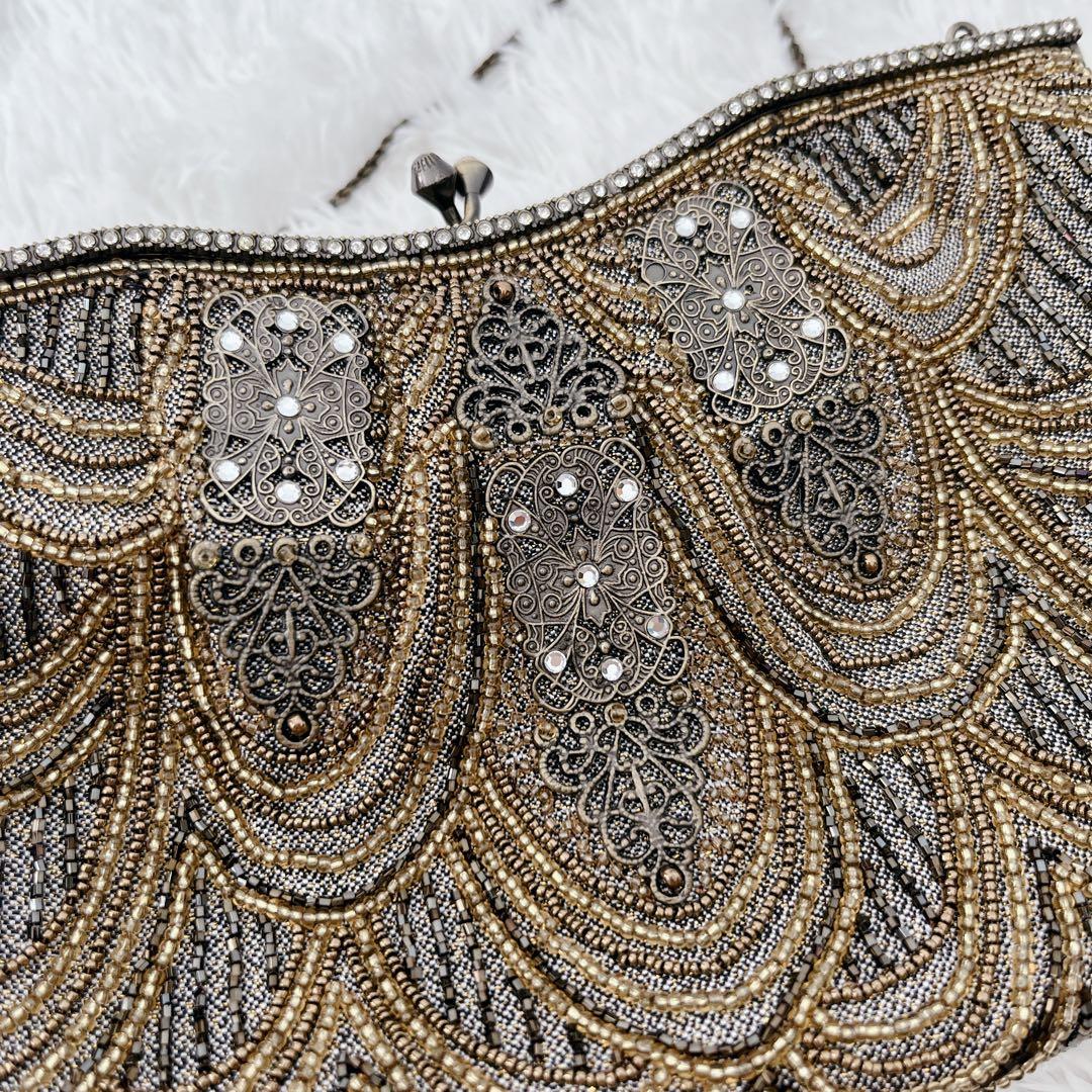 【極美品】LUMYルミーはしもと がま口ビーズバッグ ブロンズ 皇室御用達