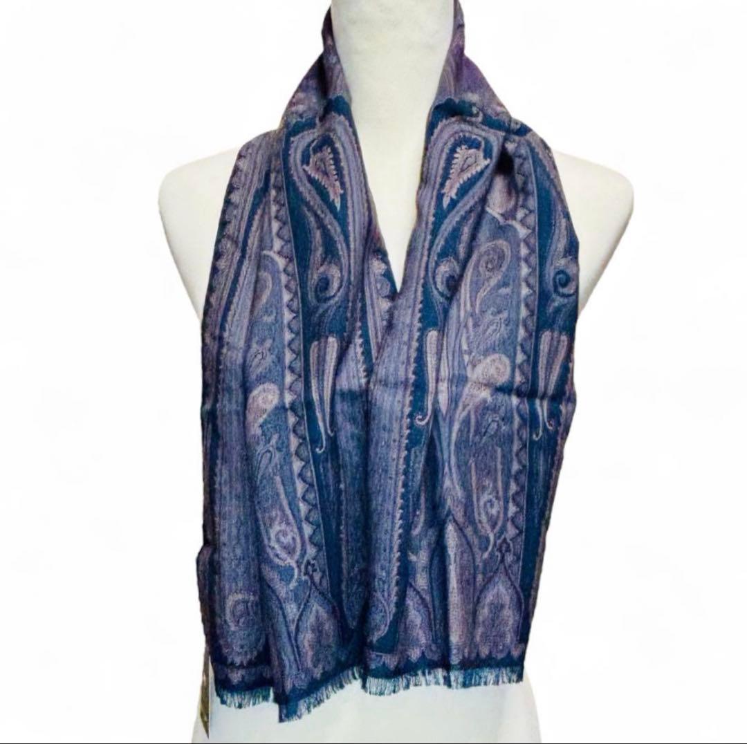 【未使用 ケース付き】ETRO ストール 紺 紫 ウール シルク混 ペイズリー