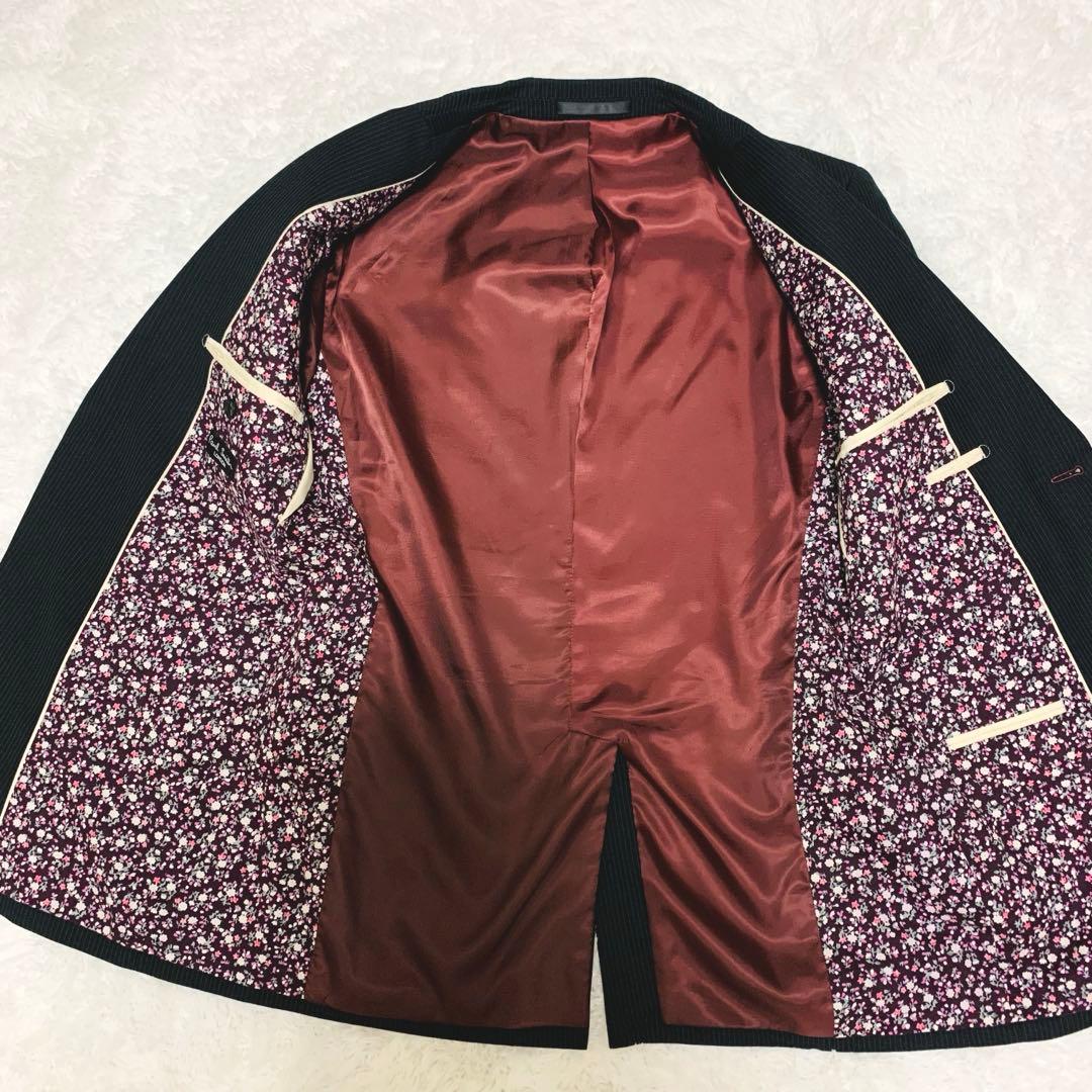 美品 ポールスミス スーツ 小花柄 総裏地 ブラック ストライプ 50サイズ