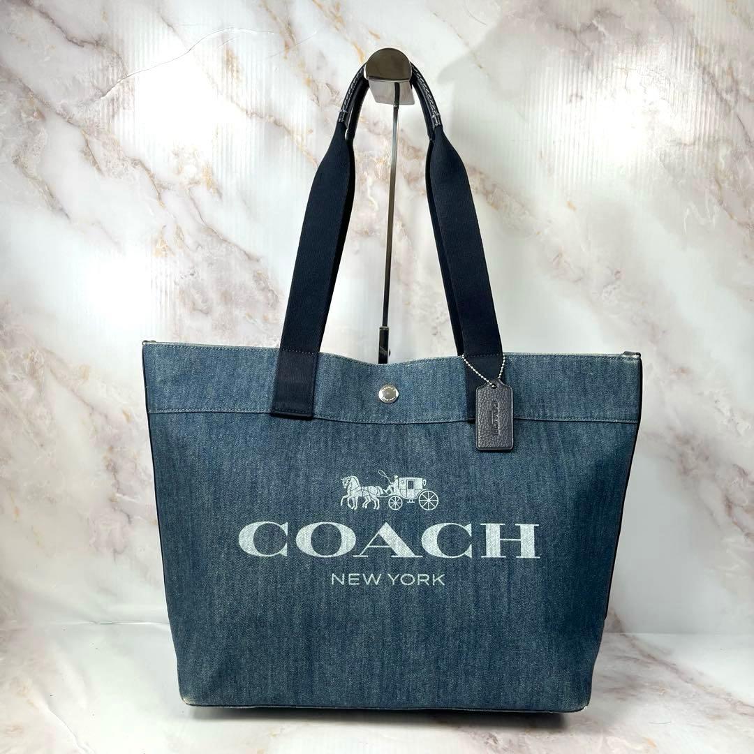 【美品】COACH コーチ トートバッグ 花柄 デニム インディゴ ピックロゴ