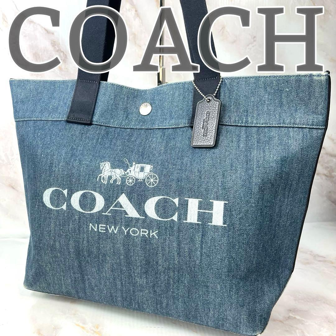 【美品】COACH コーチ トートバッグ 花柄 デニム インディゴ ピックロゴ