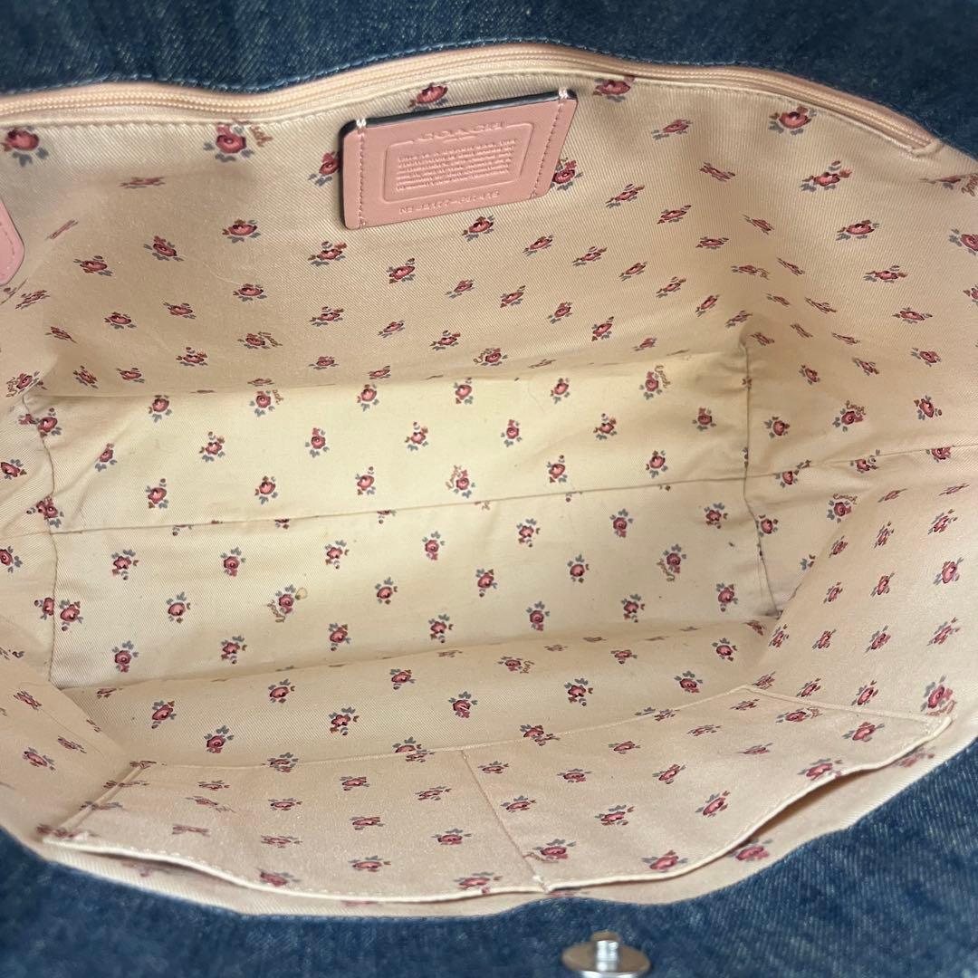 【美品】COACH コーチ トートバッグ 花柄 デニム インディゴ ピックロゴ