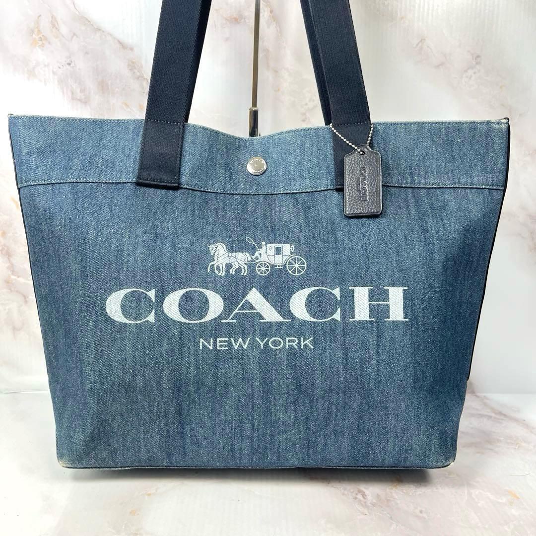 【美品】COACH コーチ トートバッグ 花柄 デニム インディゴ ピックロゴ