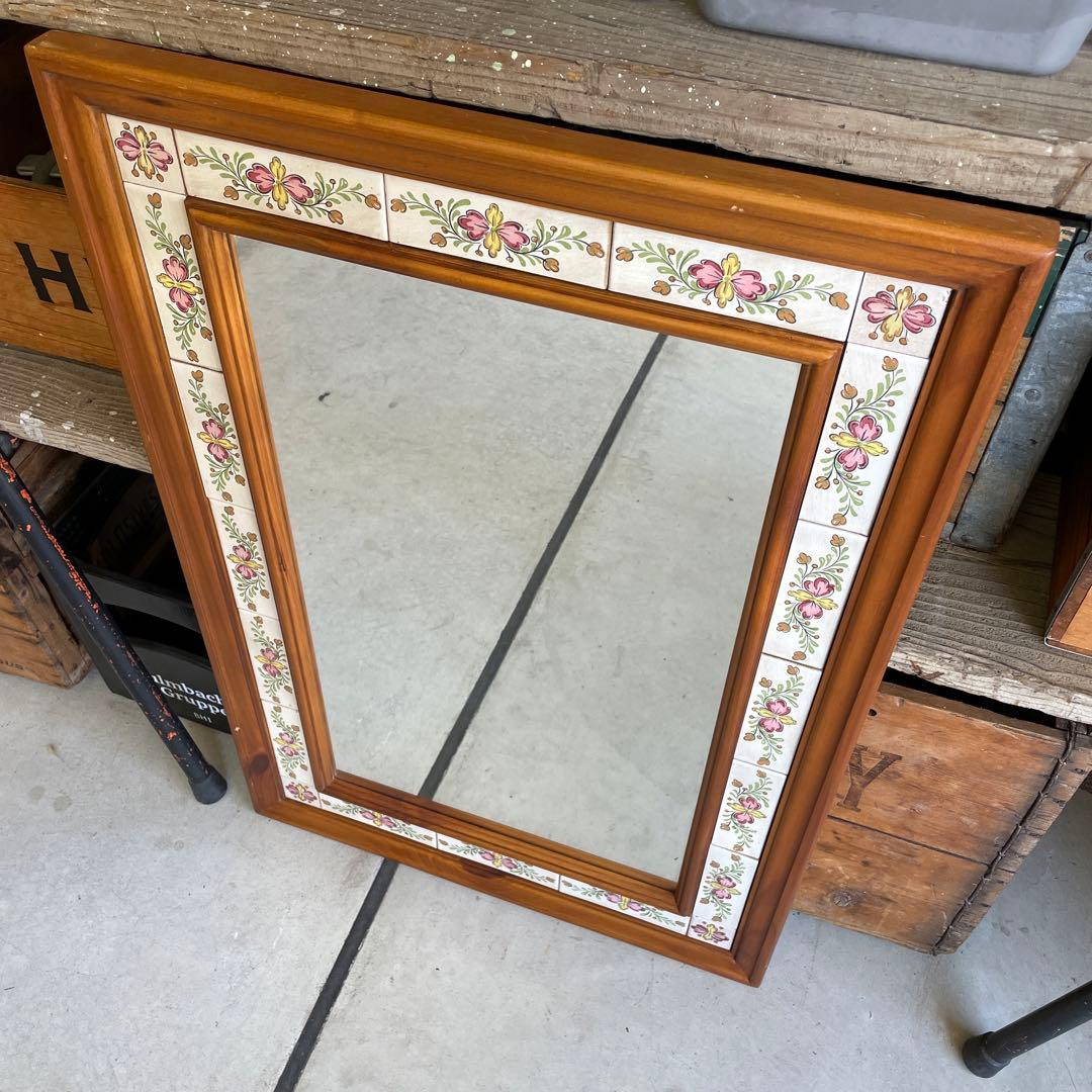 ヴィンテージ タイル張り ウッドミラー 壁掛け 鏡 姿見 パイン材 バレンシア