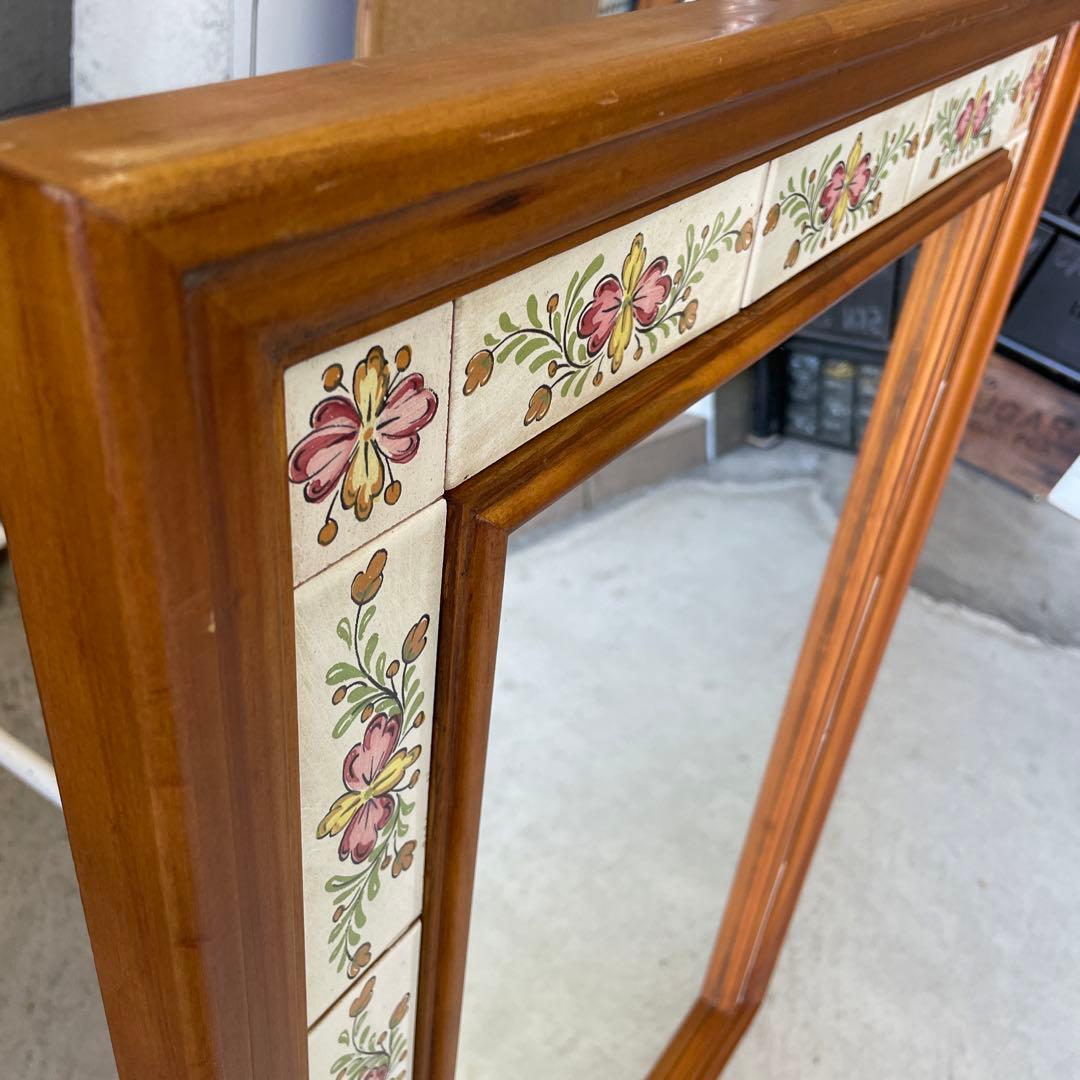 ヴィンテージ タイル張り ウッドミラー 壁掛け 鏡 姿見 パイン材 バレンシア