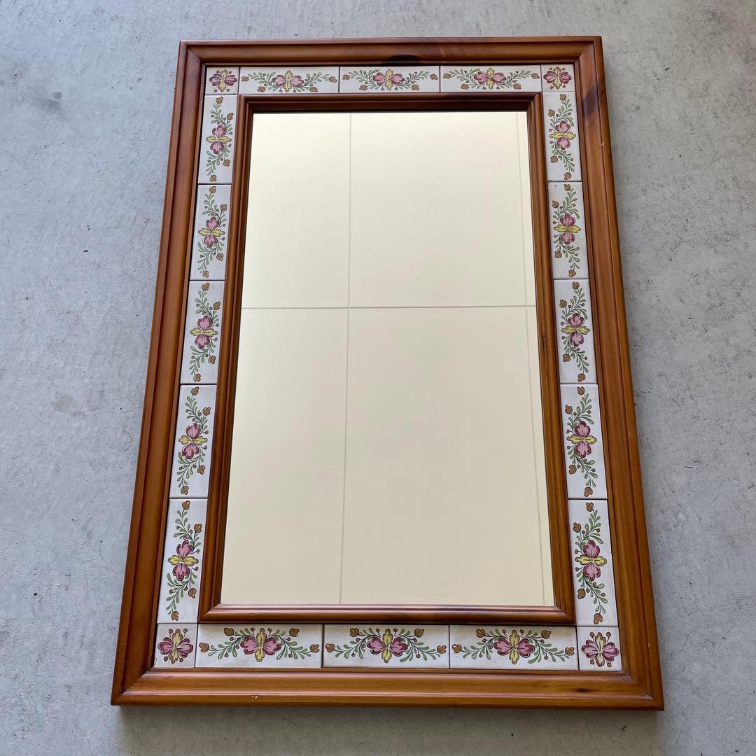 ヴィンテージ タイル張り ウッドミラー 壁掛け 鏡 姿見 パイン材 バレンシア