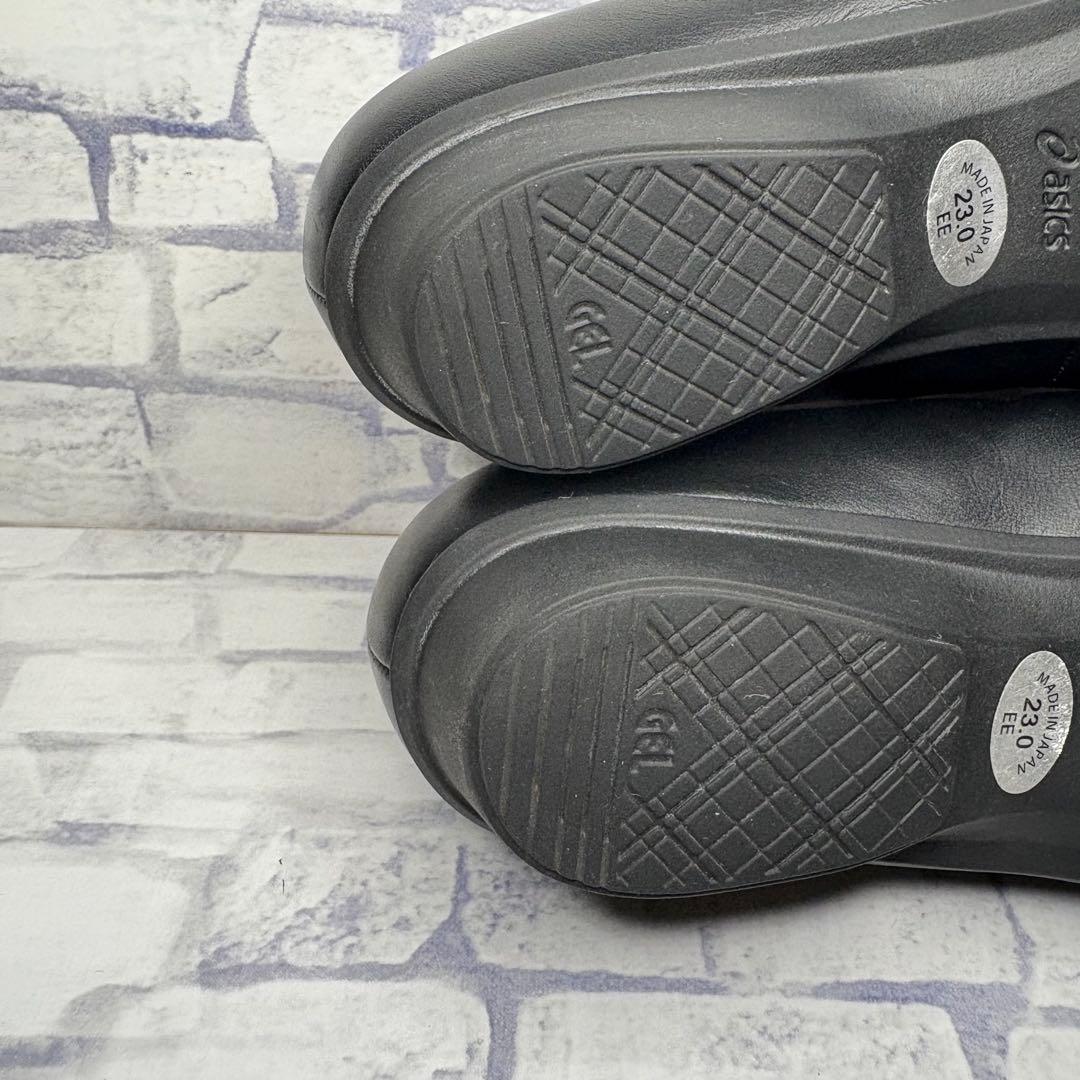 極美品 訳あり アシックス ペダラ リボン レザー エナメルフラットシューズ 黒