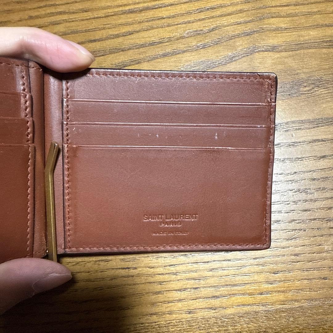 YSL 二つ折り財布 ブラウン ロゴパターン　マネークリップ