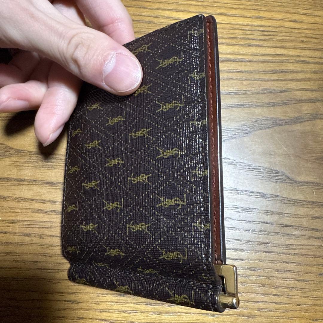 YSL 二つ折り財布 ブラウン ロゴパターン　マネークリップ