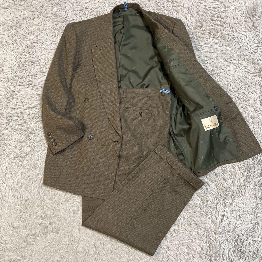 高級 トラサルディ ダブル セットアップ スーツ ウール100% ブラウン XL