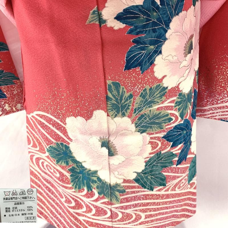 509ag38■七五三 三歳 女児 着物&被布&長襦袢 金彩 牡丹 扇■良好