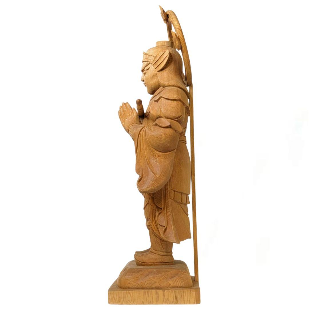 【セール中・新品】 韋駄天　荒彫り　総檜　台付　総高さ約46.5㎝　仏像　檜