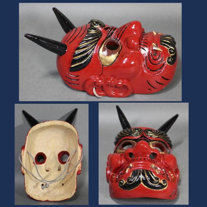 【たろ】赤鬼の面 楠材 桐箱付 e0947