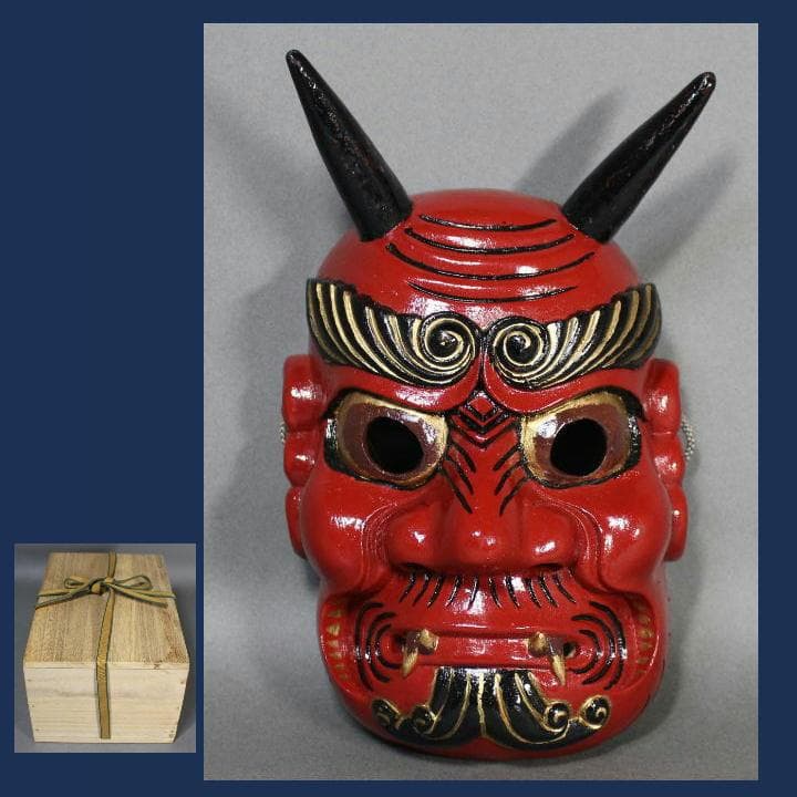 【たろ】赤鬼の面 楠材 桐箱付 e0947