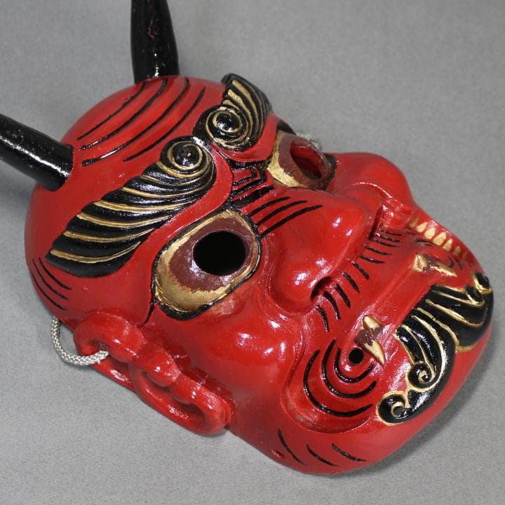 【たろ】赤鬼の面 楠材 桐箱付 e0947