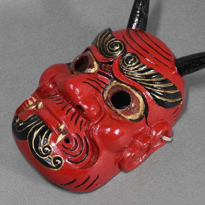 【たろ】赤鬼の面 楠材 桐箱付 e0947