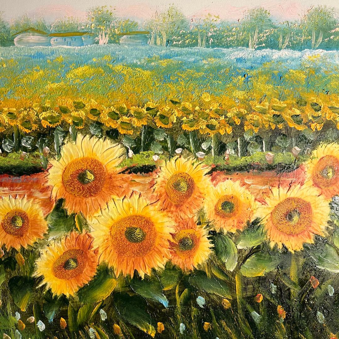 ★特大秀作★ 手書き油絵 ひまわり畑 肉筆絵画 額付き インテリア 油彩画