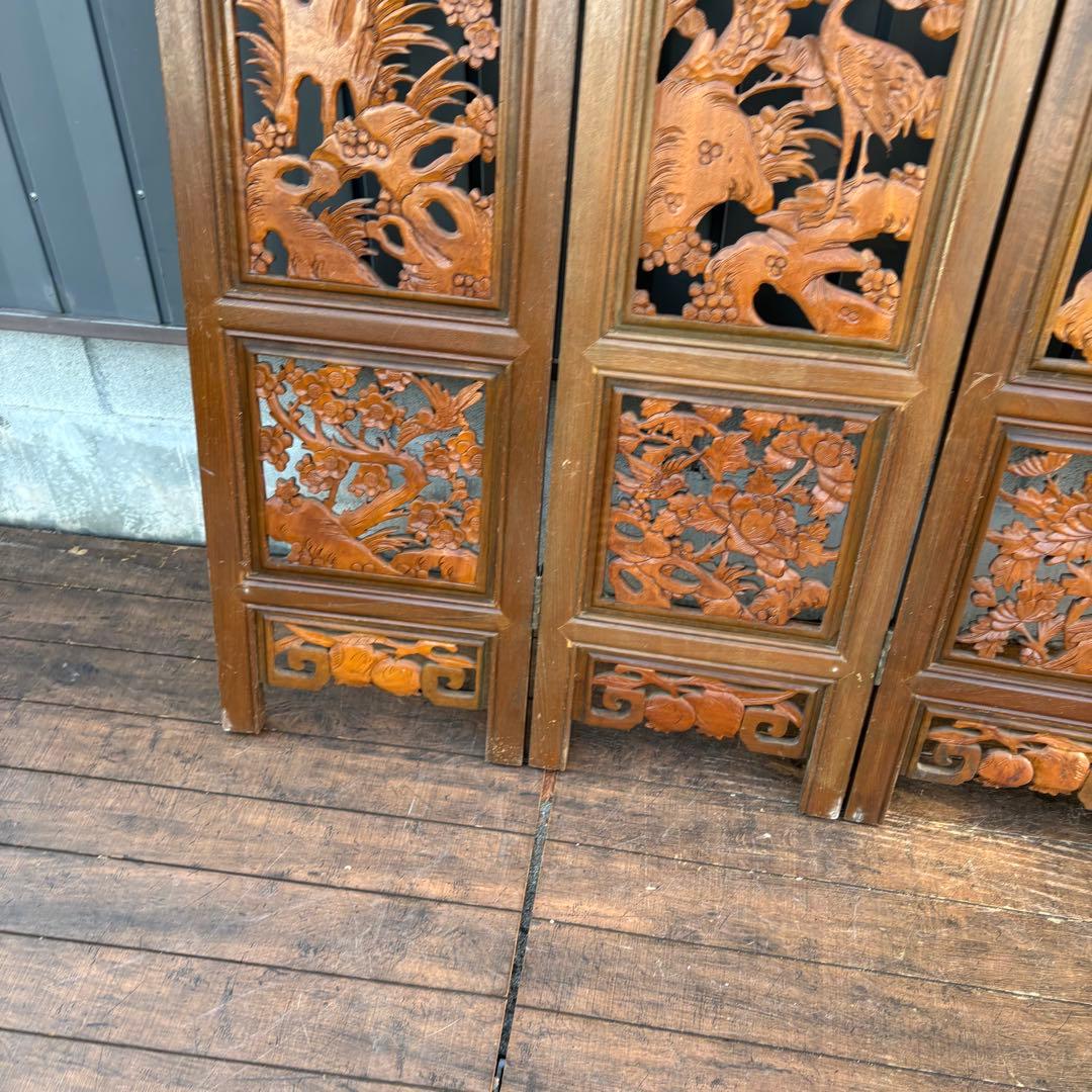 アンティーク 衝立 四面 透かし彫り パーテーション 木彫り 鶴 松 竹 花 鳥