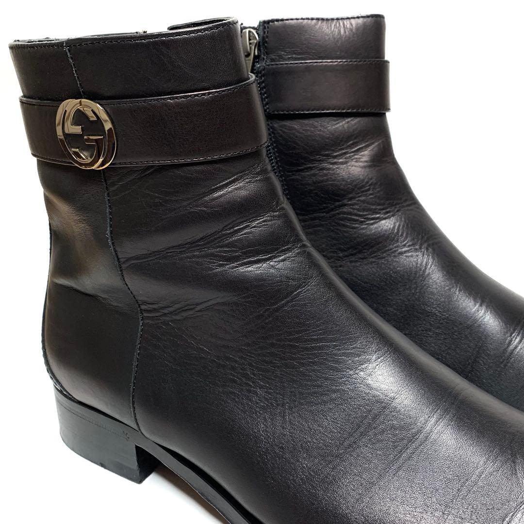 良品 グッチ インターロッキングG サイドジップ レザー ブーツ 黒 イタリア製