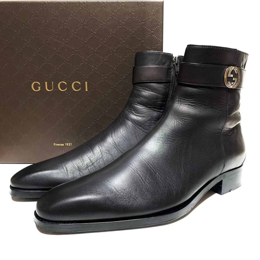 良品 グッチ インターロッキングG サイドジップ レザー ブーツ 黒 イタリア製