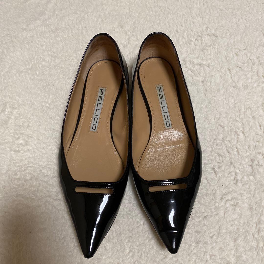 PELLICO ブラック ポインテッドトゥ フラットシューズ 37 卒業 入学