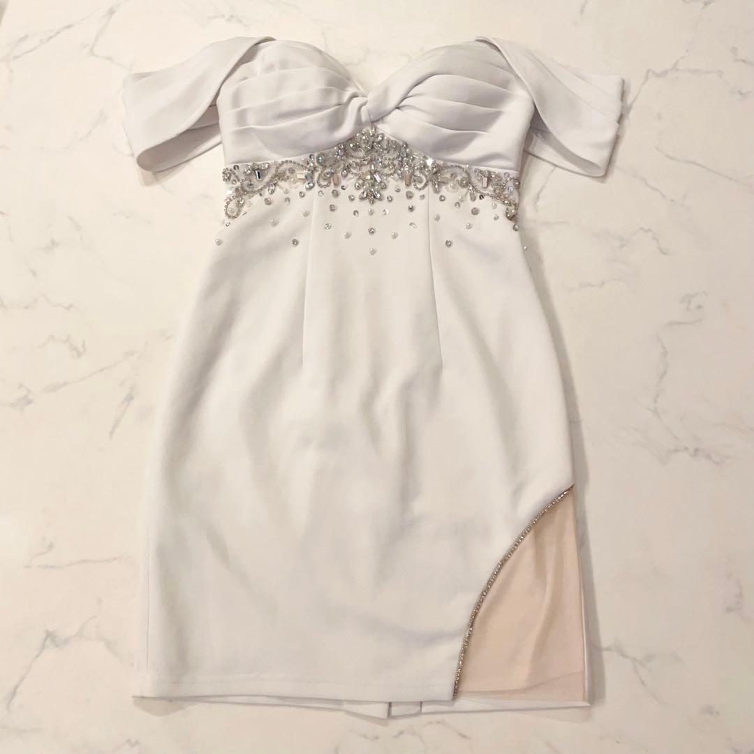 バストクロスタックスリーブデザインタイトミニドレス　S ホワイト　AngelR