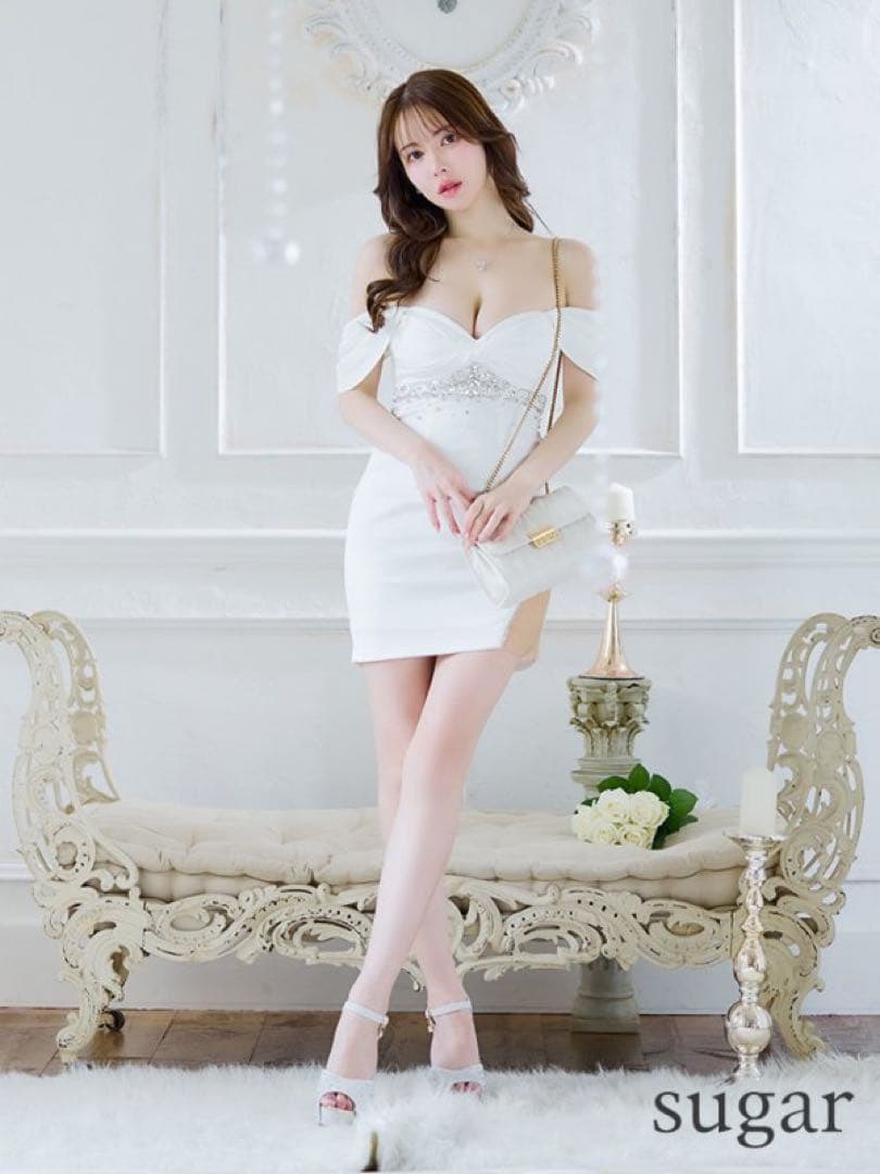 バストクロスタックスリーブデザインタイトミニドレス　S ホワイト　AngelR