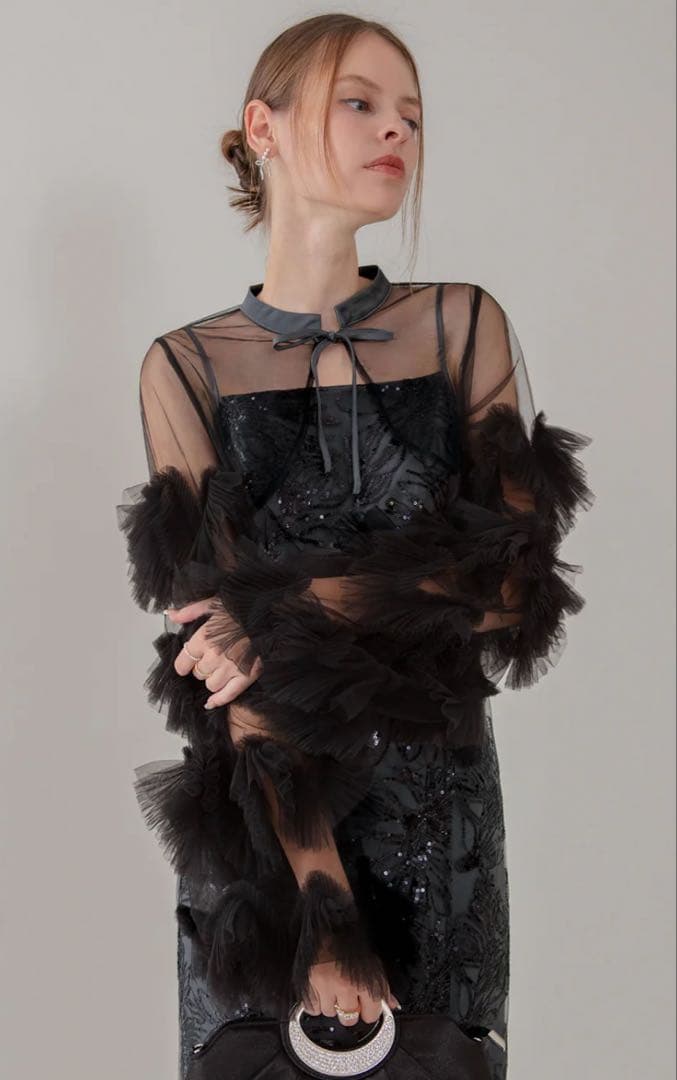 【新品タグ付き】LEJA フリルチュールスリーブリボンIラインワンピースドレス