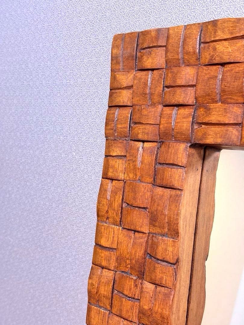 アンティーク　ウォールミラー　天然木　壁鏡　木枠　ヴィンテージ　編み込み