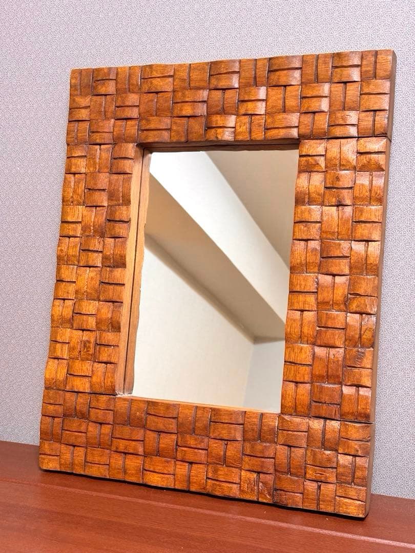 アンティーク　ウォールミラー　天然木　壁鏡　木枠　ヴィンテージ　編み込み