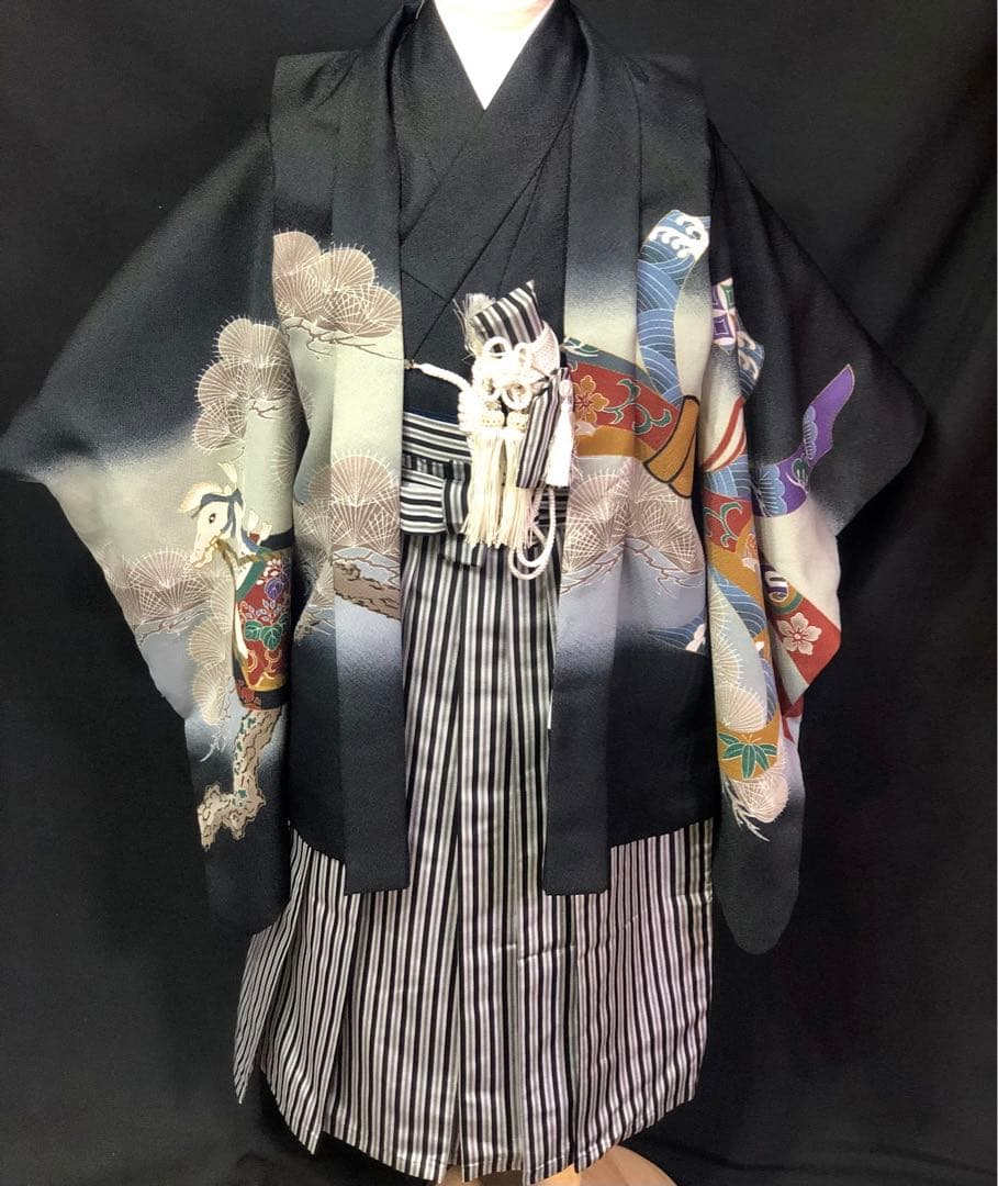 七五三 5歳　男の子　鷹　龍　黒　羽織　着物　袴　セット　男児　753 五歳