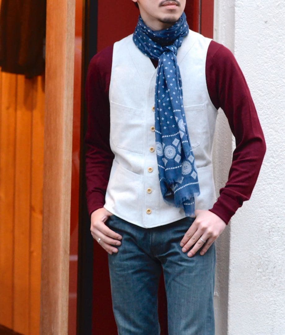 anatomica Drake's ネイビー ブロックプリントストール