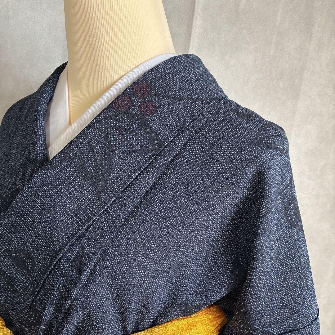 小紋　フルセット　着物　正絹　しつけ糸付き　紺映え　木の実　大人粋　J7
