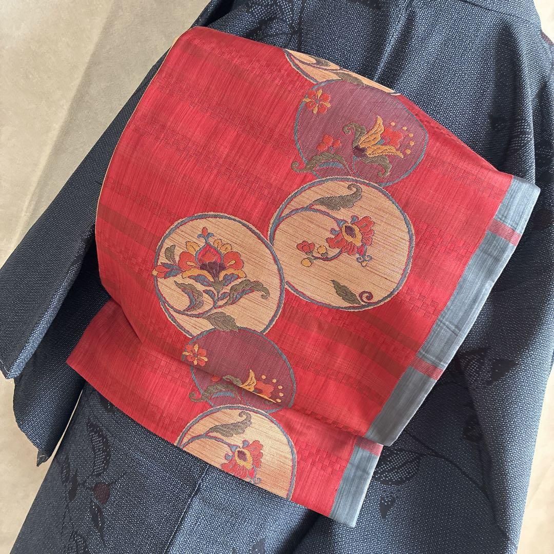 小紋　フルセット　着物　正絹　しつけ糸付き　紺映え　木の実　大人粋　J7