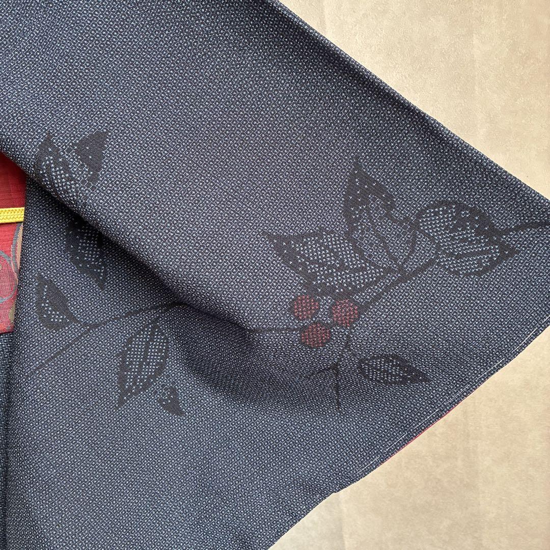 小紋　フルセット　着物　正絹　しつけ糸付き　紺映え　木の実　大人粋　J7
