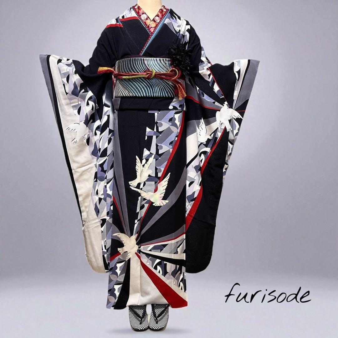 (う27) 銀河に舞う白鳩 ✦ 赤黒白グレーのモダンな幾何学模様振袖⑤点セット