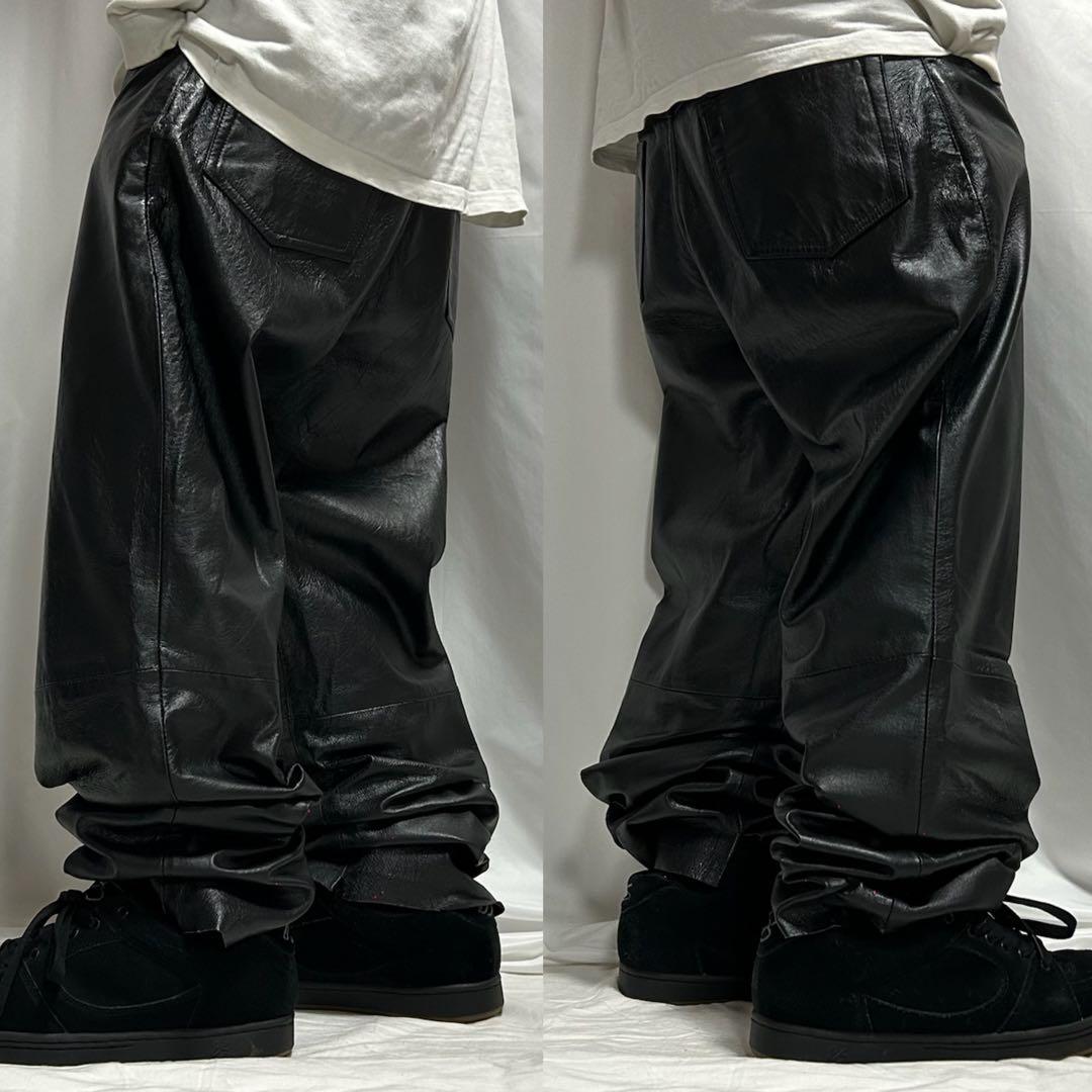 90s USA規格 ピッグスキン 豚革 レザーパンツ バギー ワイド ブラック