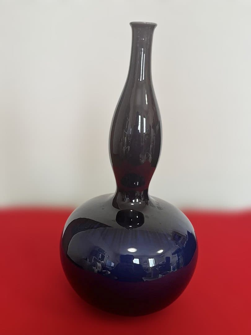 三代 徳田八十吉（正彦銘）深厚釉 瓢型 線文 花生 約29.5㎝ T306